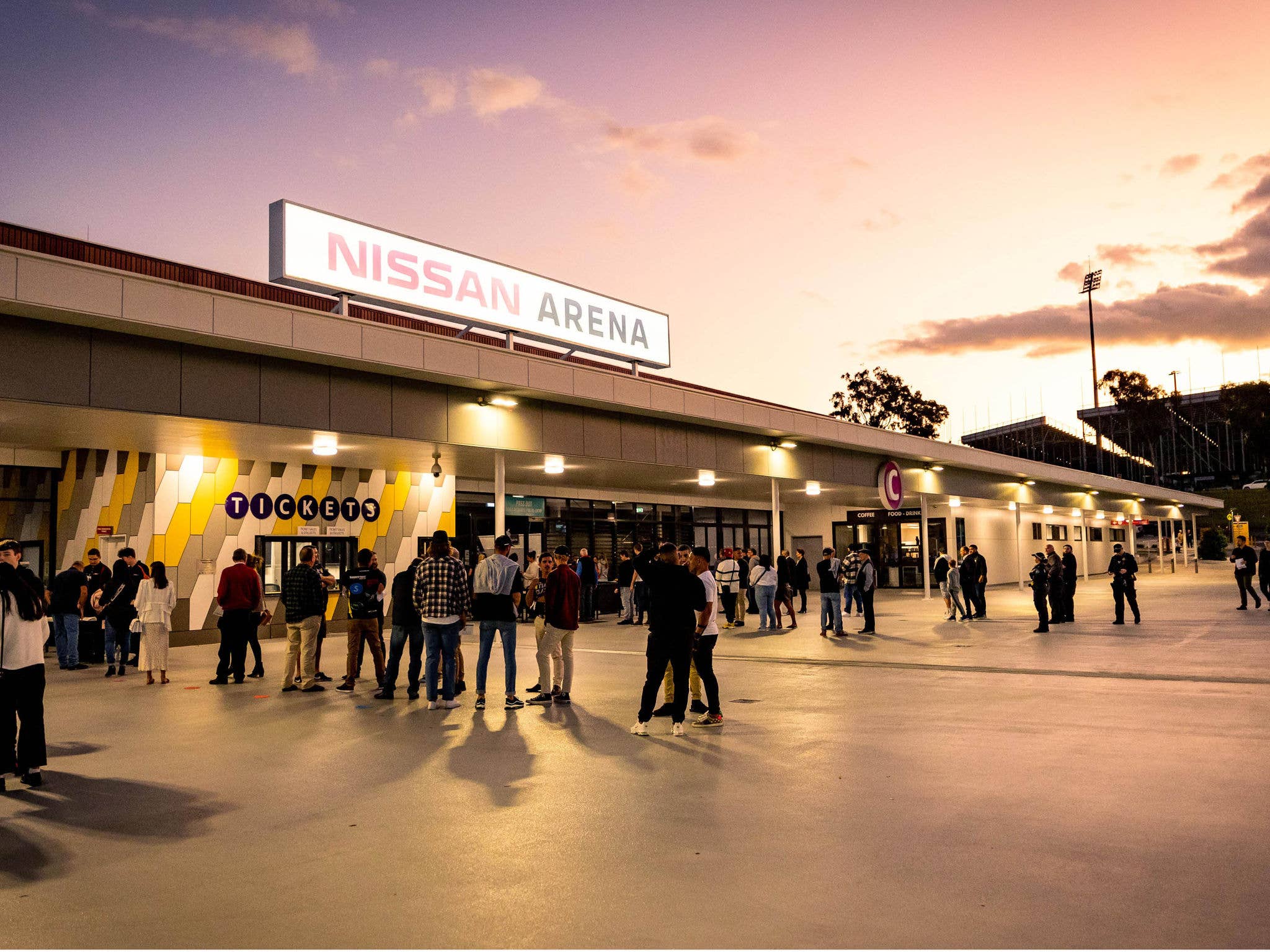 Nissan Arena Sign at Sunset